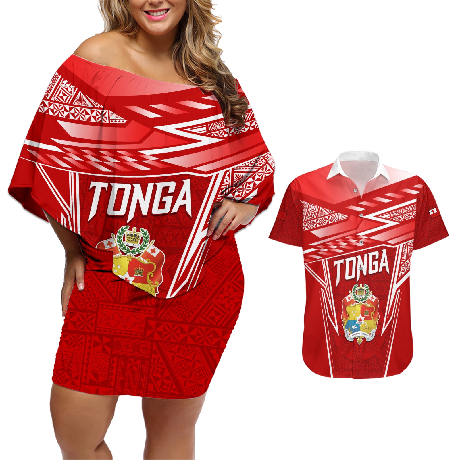 Custom Tonga Rugby Couples Matching Off Shoulder Short Dress and Hawaiian Shirt Kupesi Ngatu Pattern