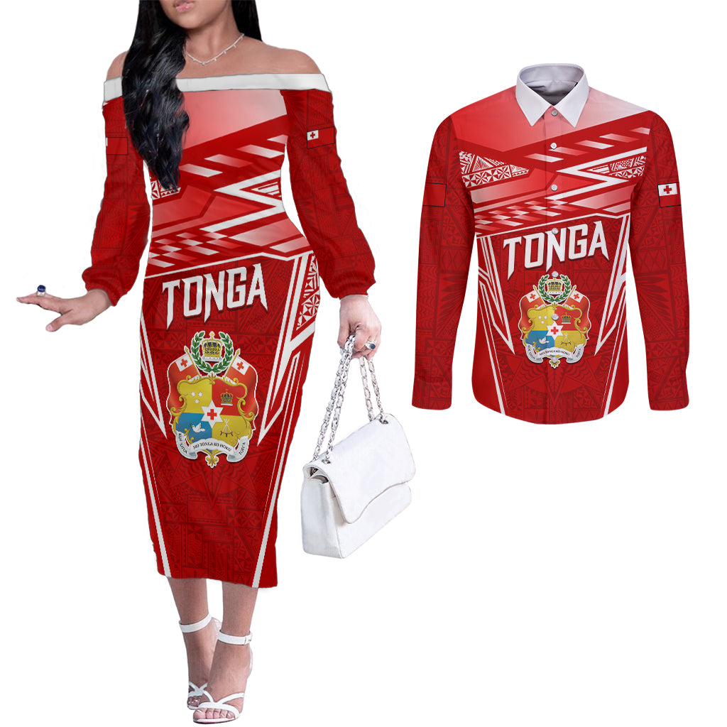 Custom Tonga Rugby Couples Matching Off The Shoulder Long Sleeve Dress and Long Sleeve Button Shirt Kupesi Ngatu Pattern