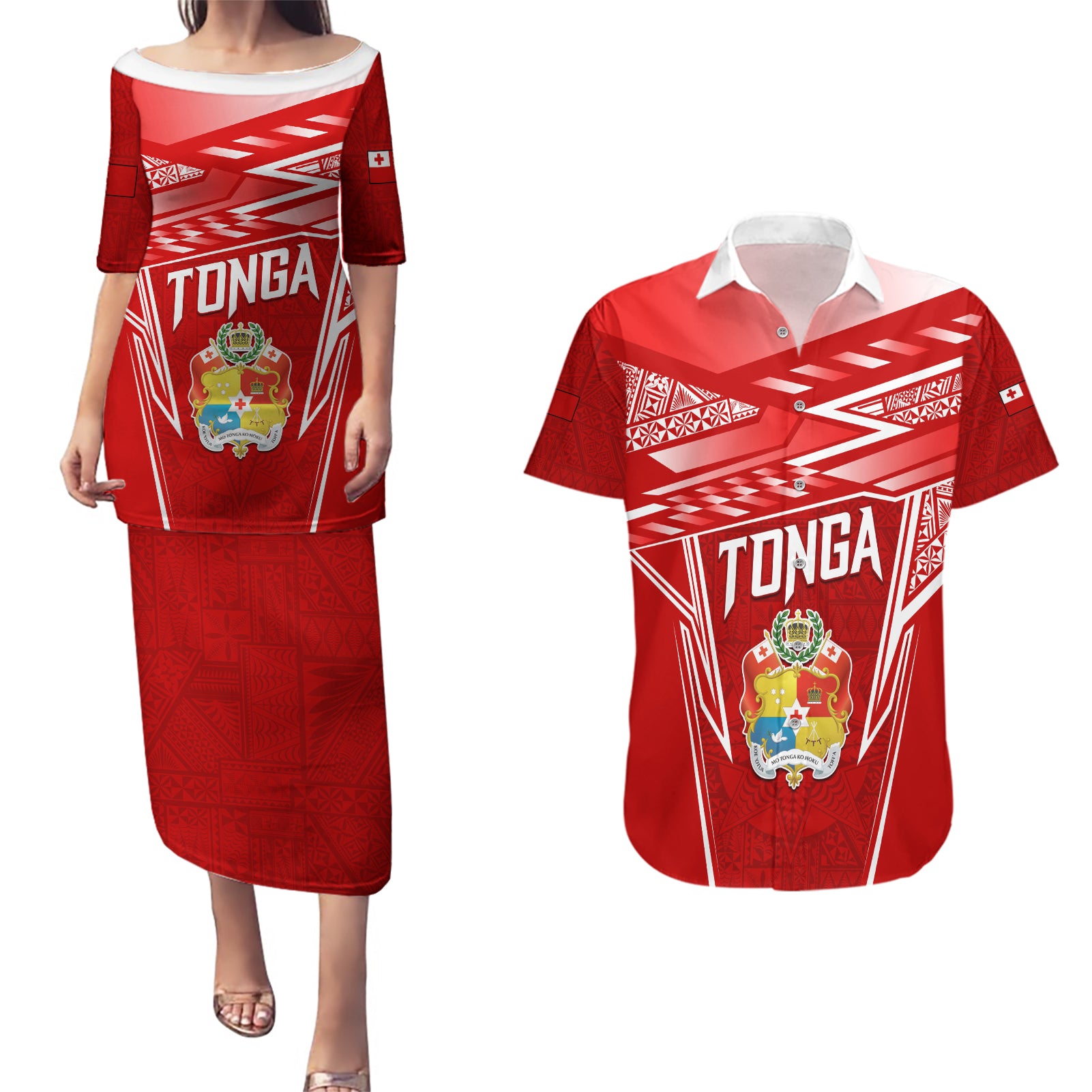 Custom Tonga Rugby Couples Matching Puletasi and Hawaiian Shirt Kupesi Ngatu Pattern