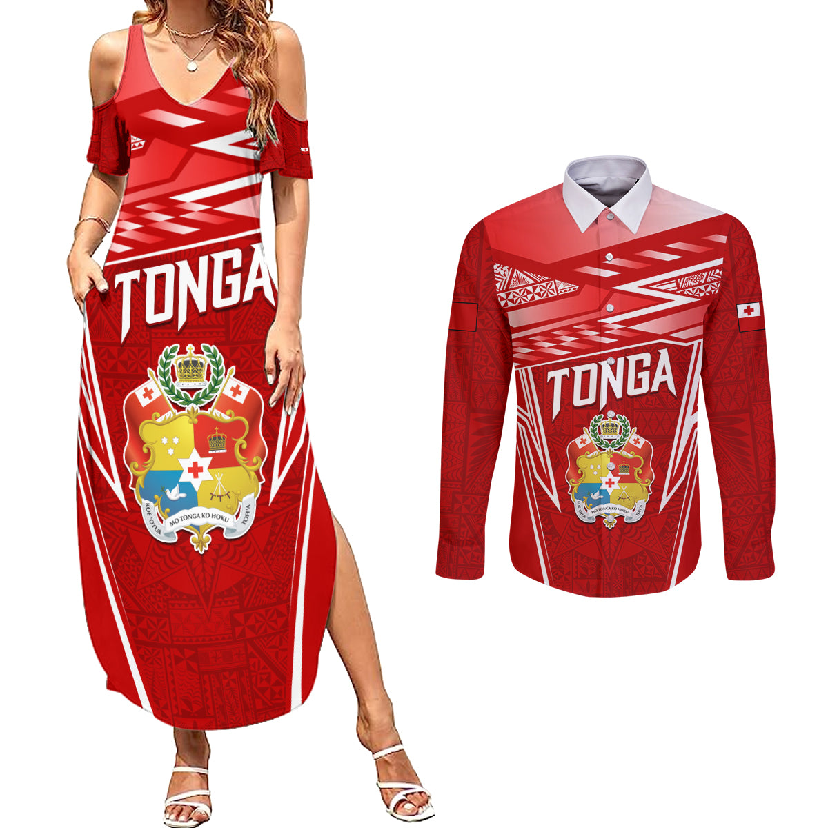 Custom Tonga Rugby Couples Matching Summer Maxi Dress and Long Sleeve Button Shirt Kupesi Ngatu Pattern