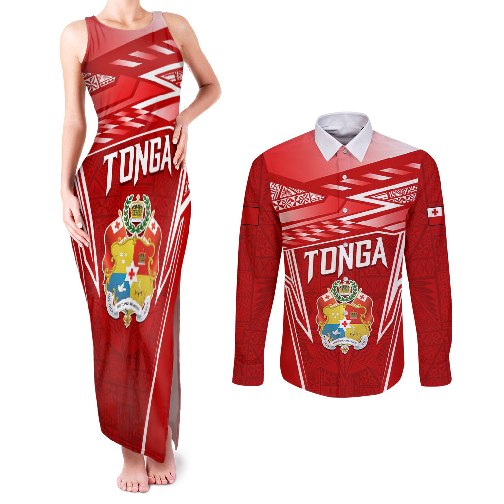 Custom Tonga Rugby Couples Matching Tank Maxi Dress and Long Sleeve Button Shirt Kupesi Ngatu Pattern