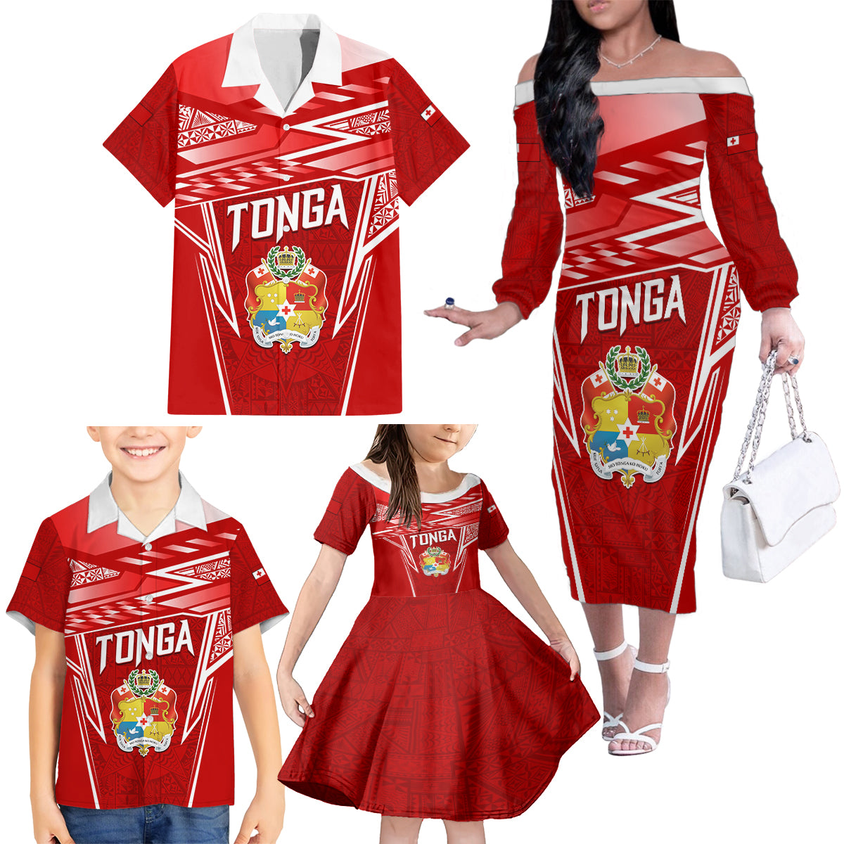 Custom Tonga Rugby Family Matching Off The Shoulder Long Sleeve Dress and Hawaiian Shirt Kupesi Ngatu Pattern