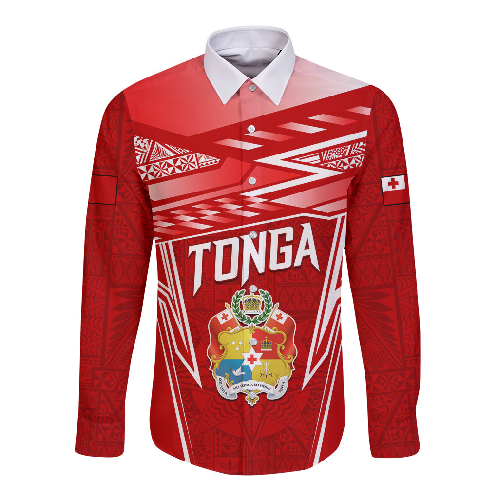 Custom Tonga Rugby Long Sleeve Button Shirt Kupesi Ngatu Pattern