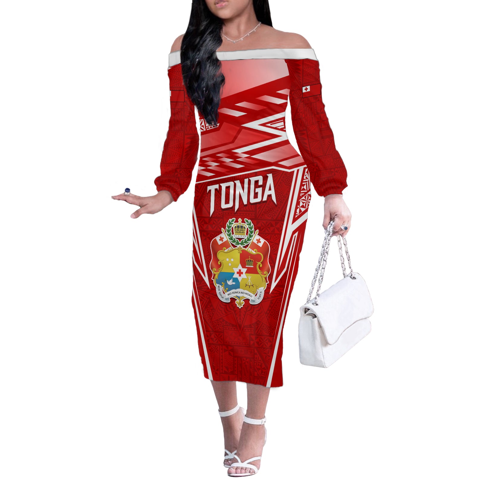 Custom Tonga Rugby Off The Shoulder Long Sleeve Dress Kupesi Ngatu Pattern