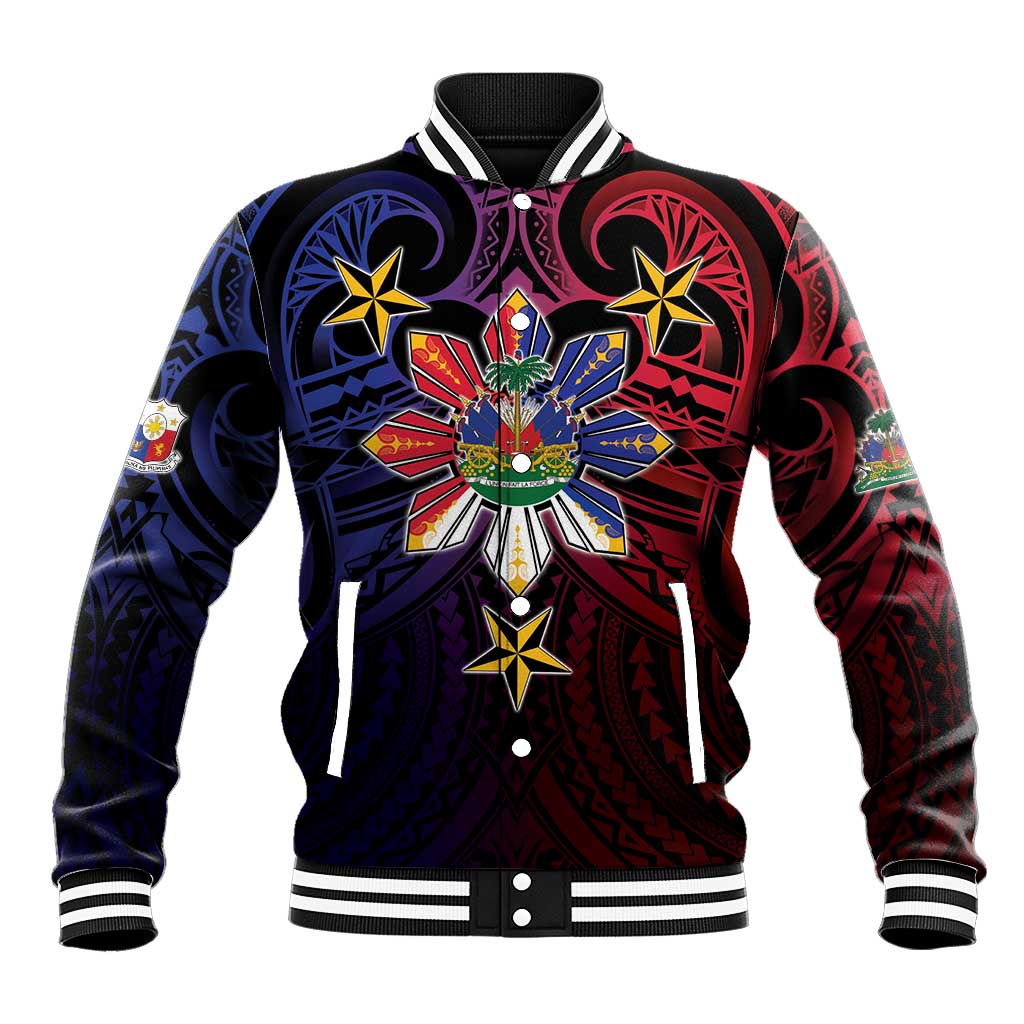 Haiti Philippines Baseball Jacket Haitian Coat Of Arms With Filipino Sun LT05 Unisex Black - Polynesian Pride