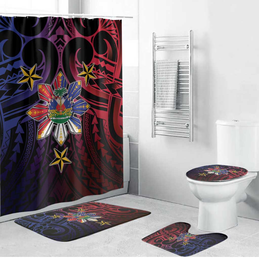 Haiti Philippines Bathroom Set Haitian Coat Of Arms With Filipino Sun LT05 Bathroom Set (4 pcs) Black - Polynesian Pride
