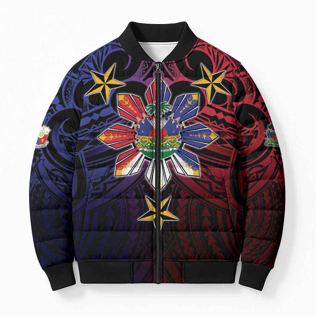 Haiti Philippines Bomber Puffer Jacket Haitian Coat Of Arms With Filipino Sun LT05 Unisex Black - Polynesian Pride