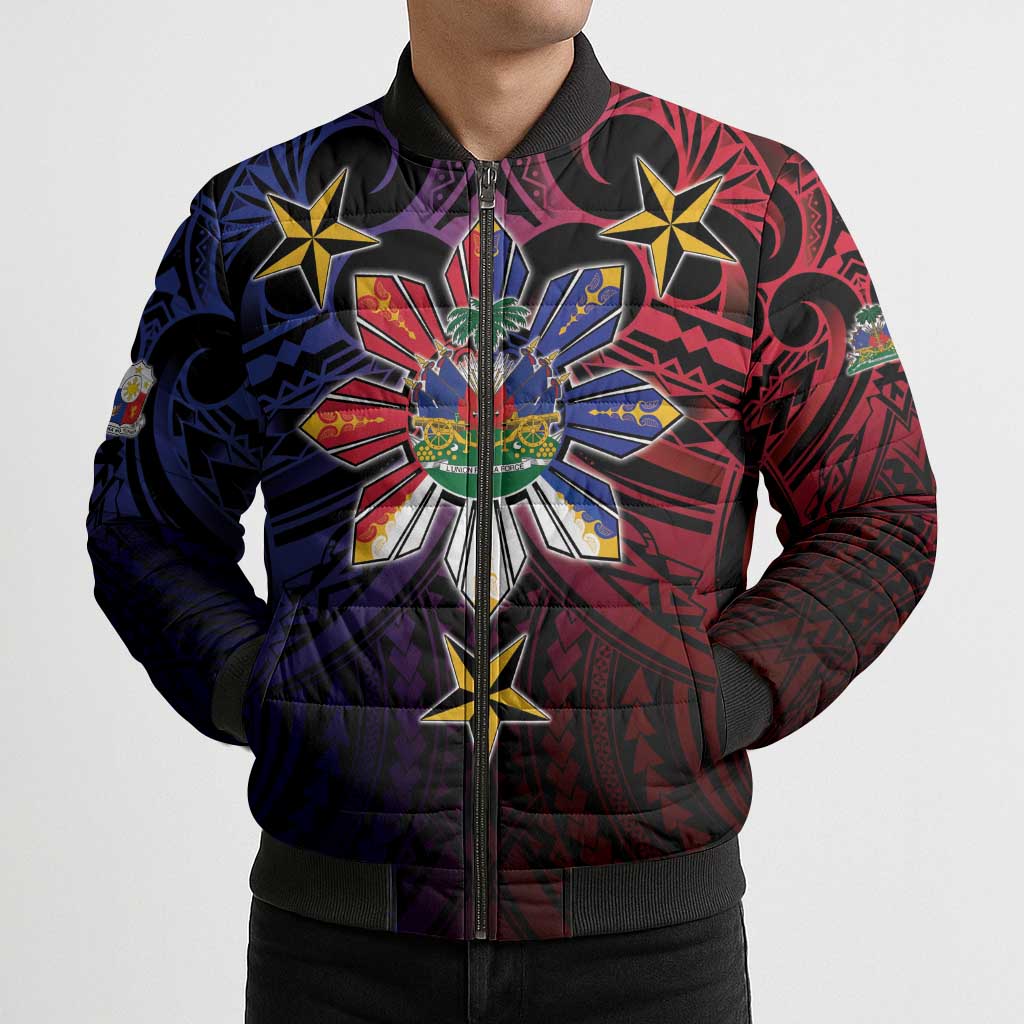 Haiti Philippines Bomber Puffer Jacket Haitian Coat Of Arms With Filipino Sun LT05 - Polynesian Pride