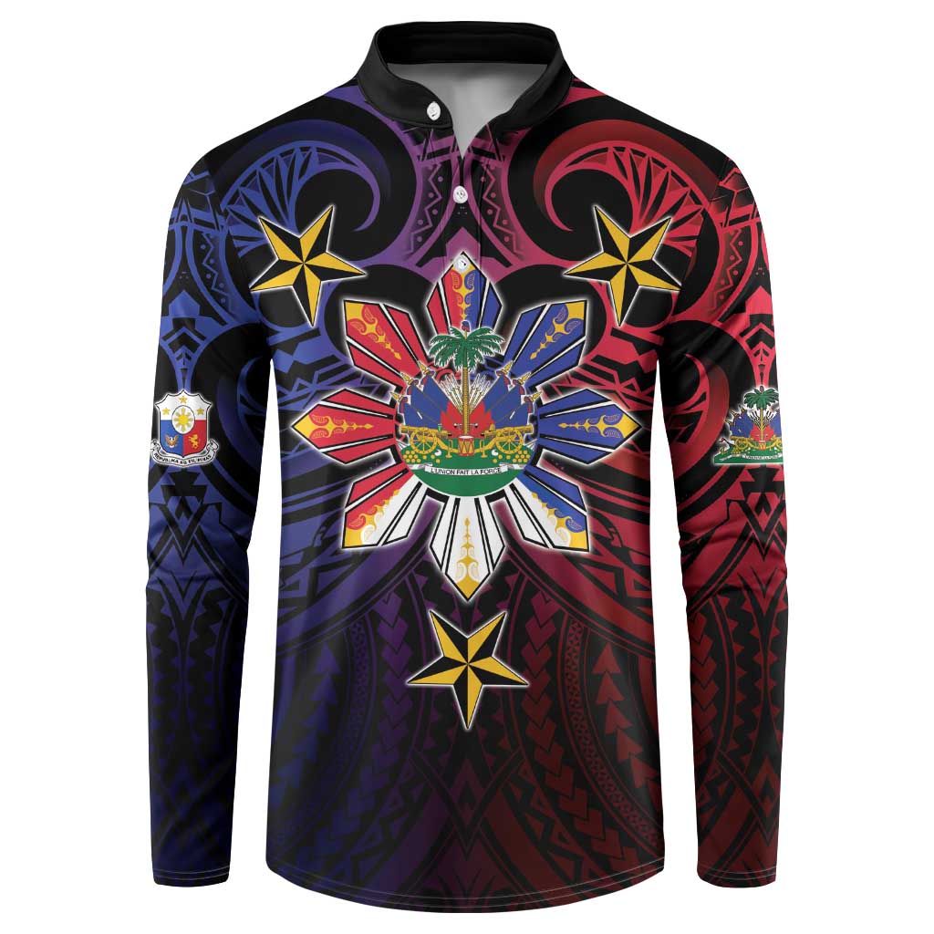 Haiti Philippines Button Sweatshirt Haitian Coat Of Arms With Filipino Sun LT05 Black - Polynesian Pride