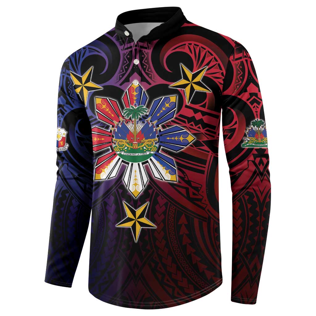 Haiti Philippines Button Sweatshirt Haitian Coat Of Arms With Filipino Sun