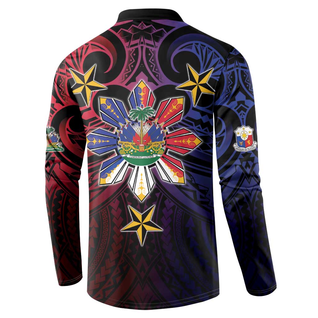 Haiti Philippines Button Sweatshirt Haitian Coat Of Arms With Filipino Sun