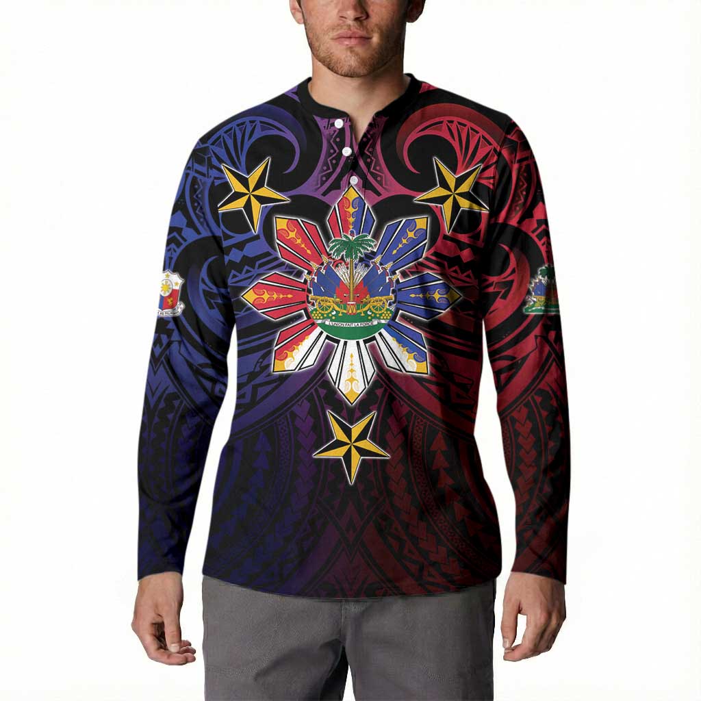 Haiti Philippines Button Sweatshirt Haitian Coat Of Arms With Filipino Sun