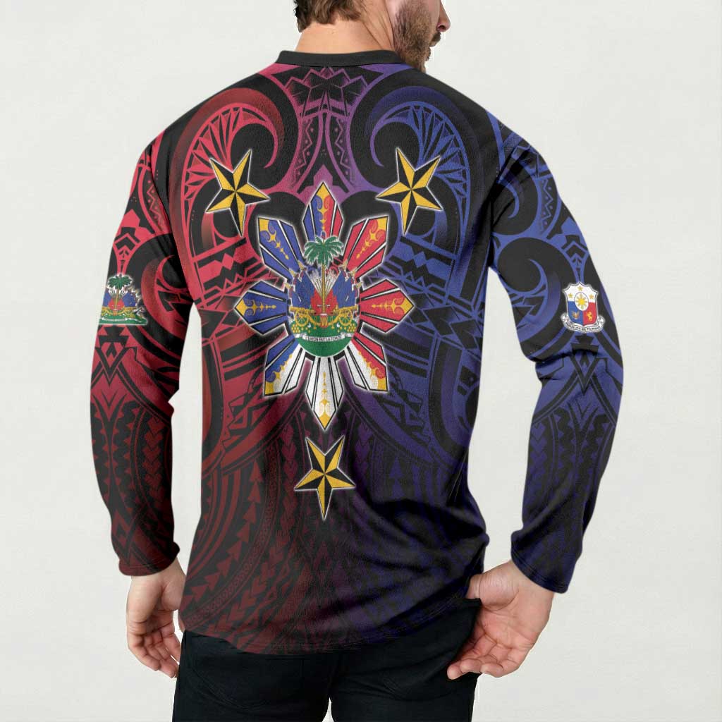 Haiti Philippines Button Sweatshirt Haitian Coat Of Arms With Filipino Sun