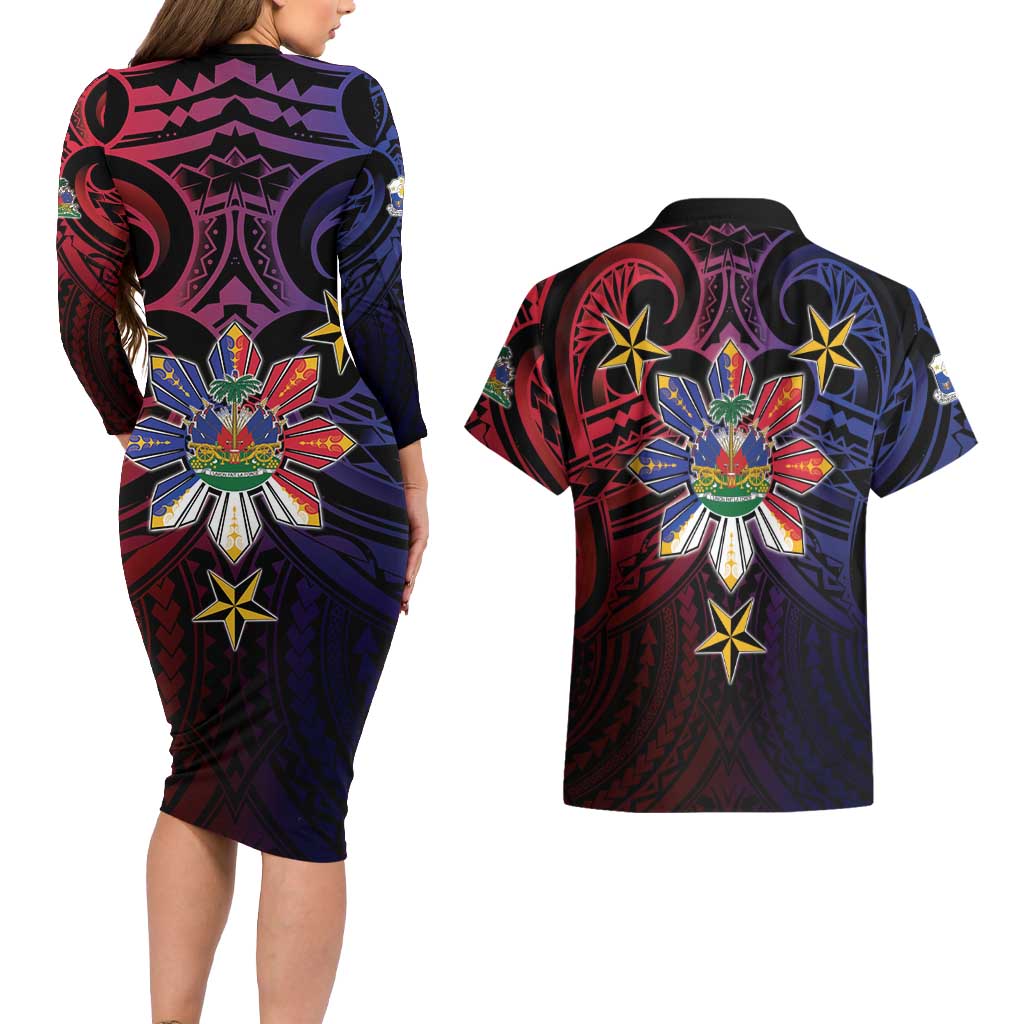 Haiti Philippines Couples Matching Long Sleeve Bodycon Dress and Hawaiian Shirt Haitian Coat Of Arms With Filipino Sun
