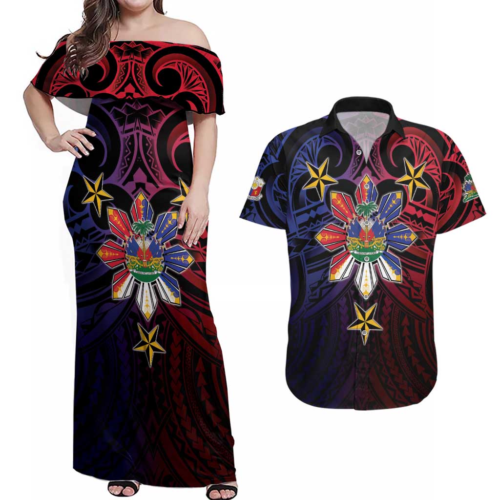 Haiti Philippines Couples Matching Off Shoulder Maxi Dress and Hawaiian Shirt Haitian Coat Of Arms With Filipino Sun LT05 Black - Polynesian Pride