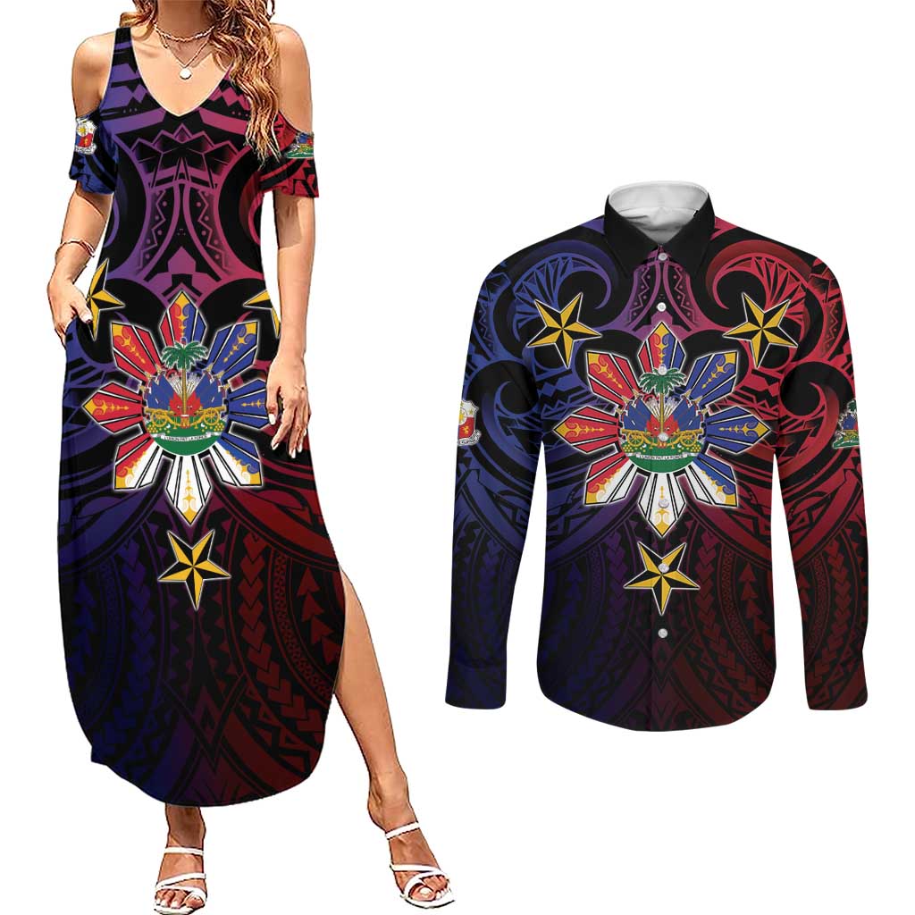 Haiti Philippines Couples Matching Summer Maxi Dress and Long Sleeve Button Shirt Haitian Coat Of Arms With Filipino Sun LT05 Black - Polynesian Pride