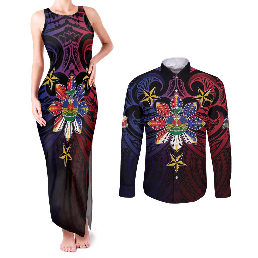 Haiti Philippines Couples Matching Tank Maxi Dress and Long Sleeve Button Shirt Haitian Coat Of Arms With Filipino Sun LT05 Black - Polynesian Pride