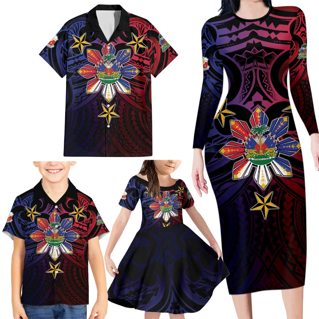 Haiti Philippines Family Matching Long Sleeve Bodycon Dress and Hawaiian Shirt Haitian Coat Of Arms With Filipino Sun LT05 - Polynesian Pride