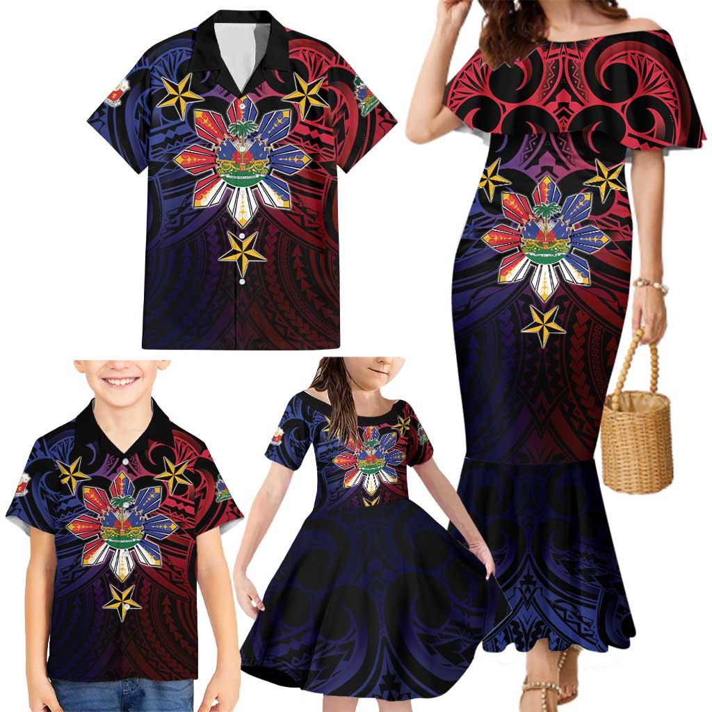 Haiti Philippines Family Matching Mermaid Dress and Hawaiian Shirt Haitian Coat Of Arms With Filipino Sun LT05 - Polynesian Pride