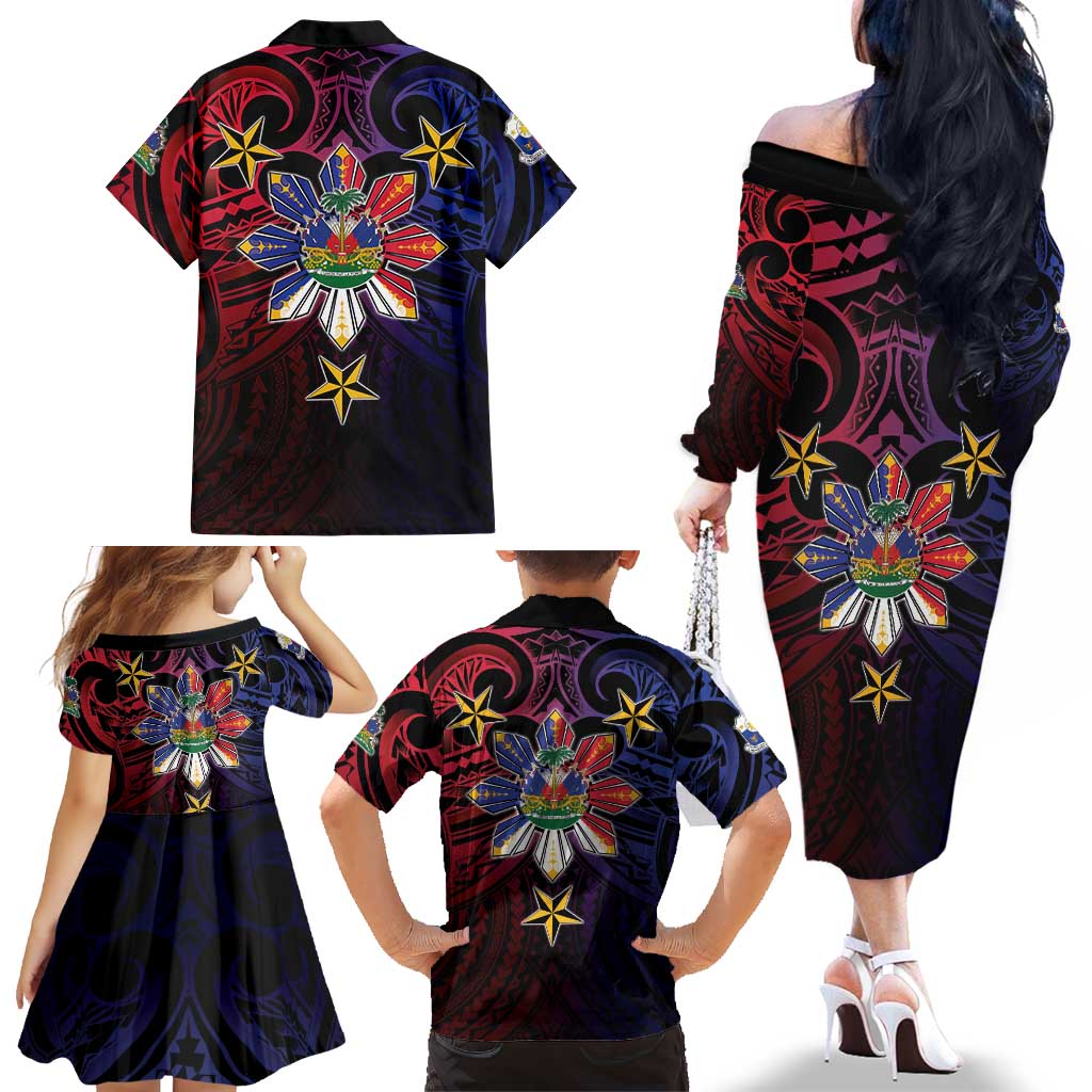 Haiti Philippines Family Matching Off The Shoulder Long Sleeve Dress and Hawaiian Shirt Haitian Coat Of Arms With Filipino Sun