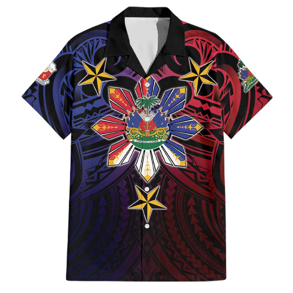 Haiti Philippines Family Matching Off The Shoulder Long Sleeve Dress and Hawaiian Shirt Haitian Coat Of Arms With Filipino Sun