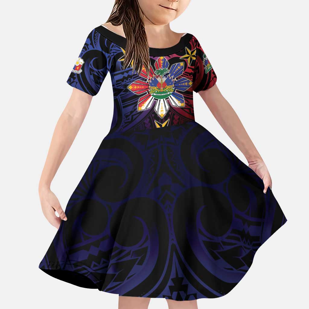 Haiti Philippines Family Matching Off Shoulder Maxi Dress and Hawaiian Shirt Haitian Coat Of Arms With Filipino Sun