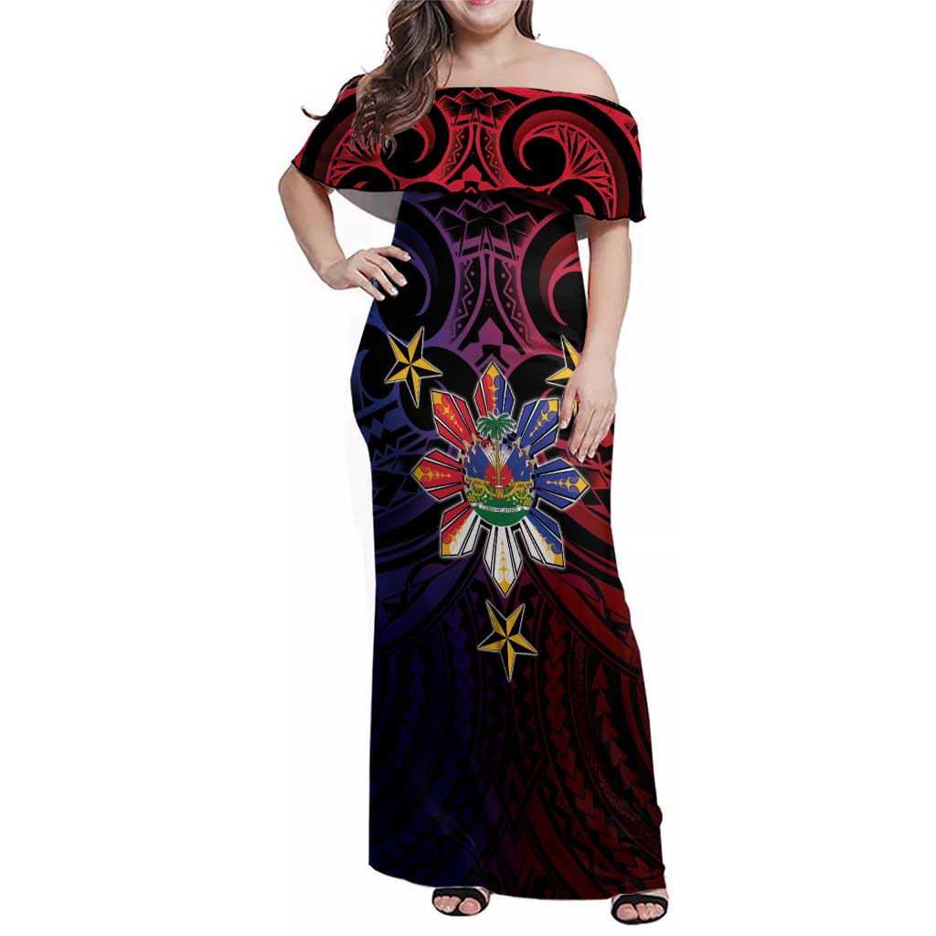 Haiti Philippines Family Matching Off Shoulder Maxi Dress and Hawaiian Shirt Haitian Coat Of Arms With Filipino Sun