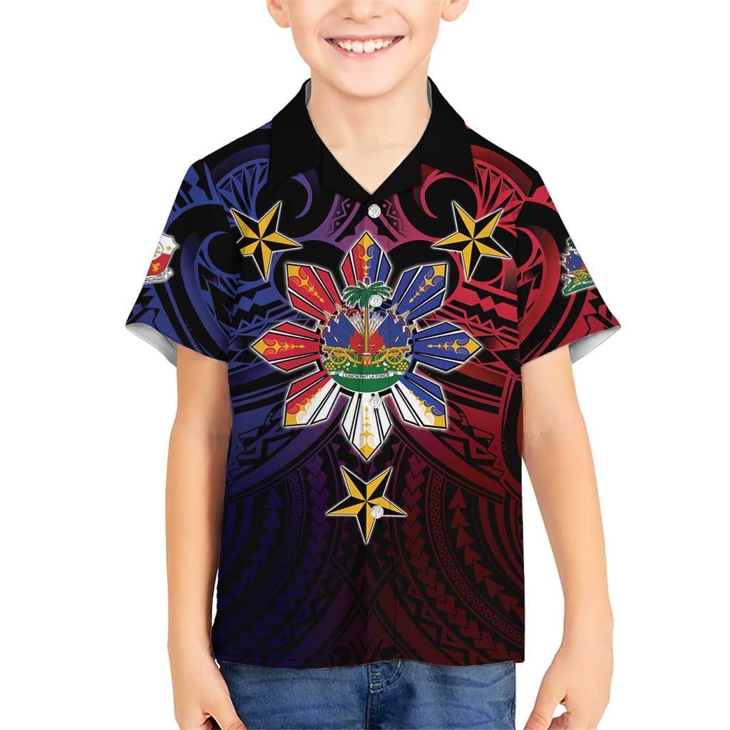 Haiti Philippines Family Matching Short Sleeve Bodycon Dress and Hawaiian Shirt Haitian Coat Of Arms With Filipino Sun