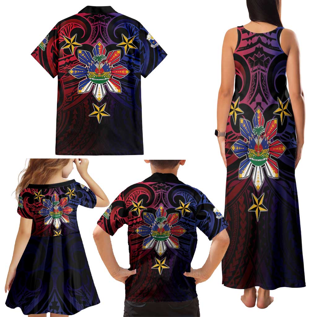 Haiti Philippines Family Matching Tank Maxi Dress and Hawaiian Shirt Haitian Coat Of Arms With Filipino Sun