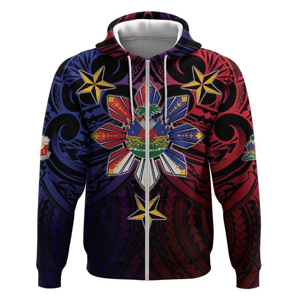 Haiti Philippines Hoodie Haitian Coat Of Arms With Filipino Sun LT05 Zip Hoodie Black - Polynesian Pride