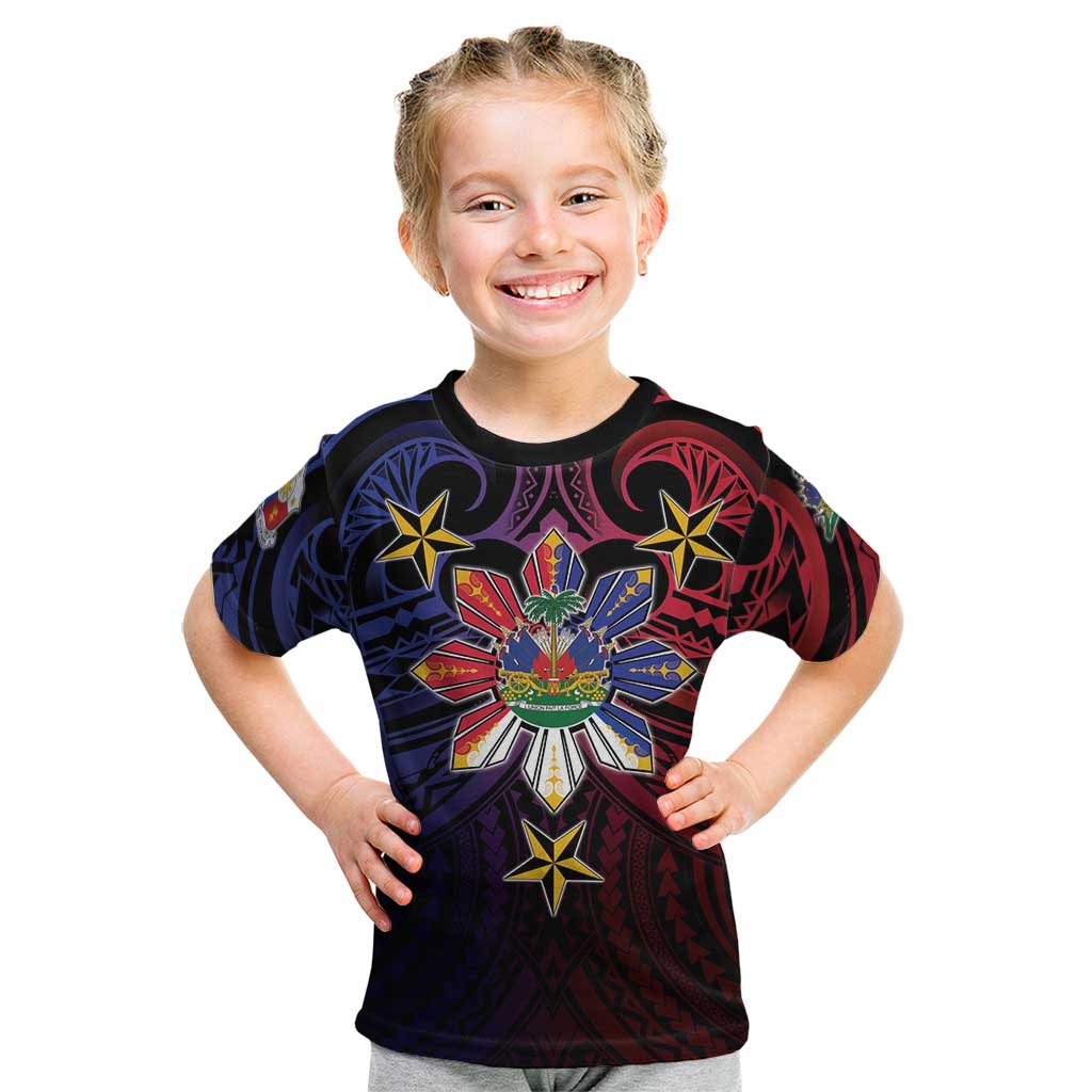 Haiti Philippines Kid T Shirt Haitian Coat Of Arms With Filipino Sun LT05 Black - Polynesian Pride