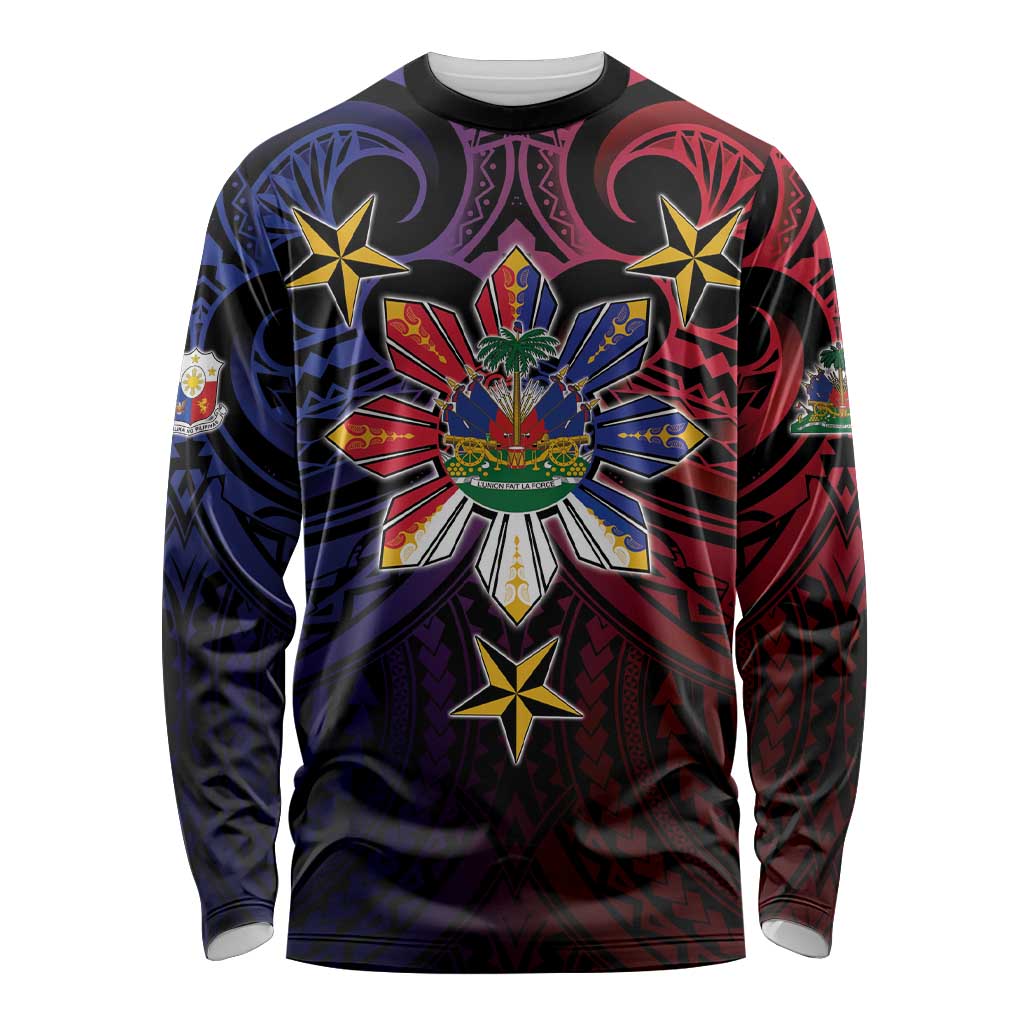 Haiti Philippines Long Sleeve Shirt Haitian Coat Of Arms With Filipino Sun LT05 Unisex Black - Polynesian Pride