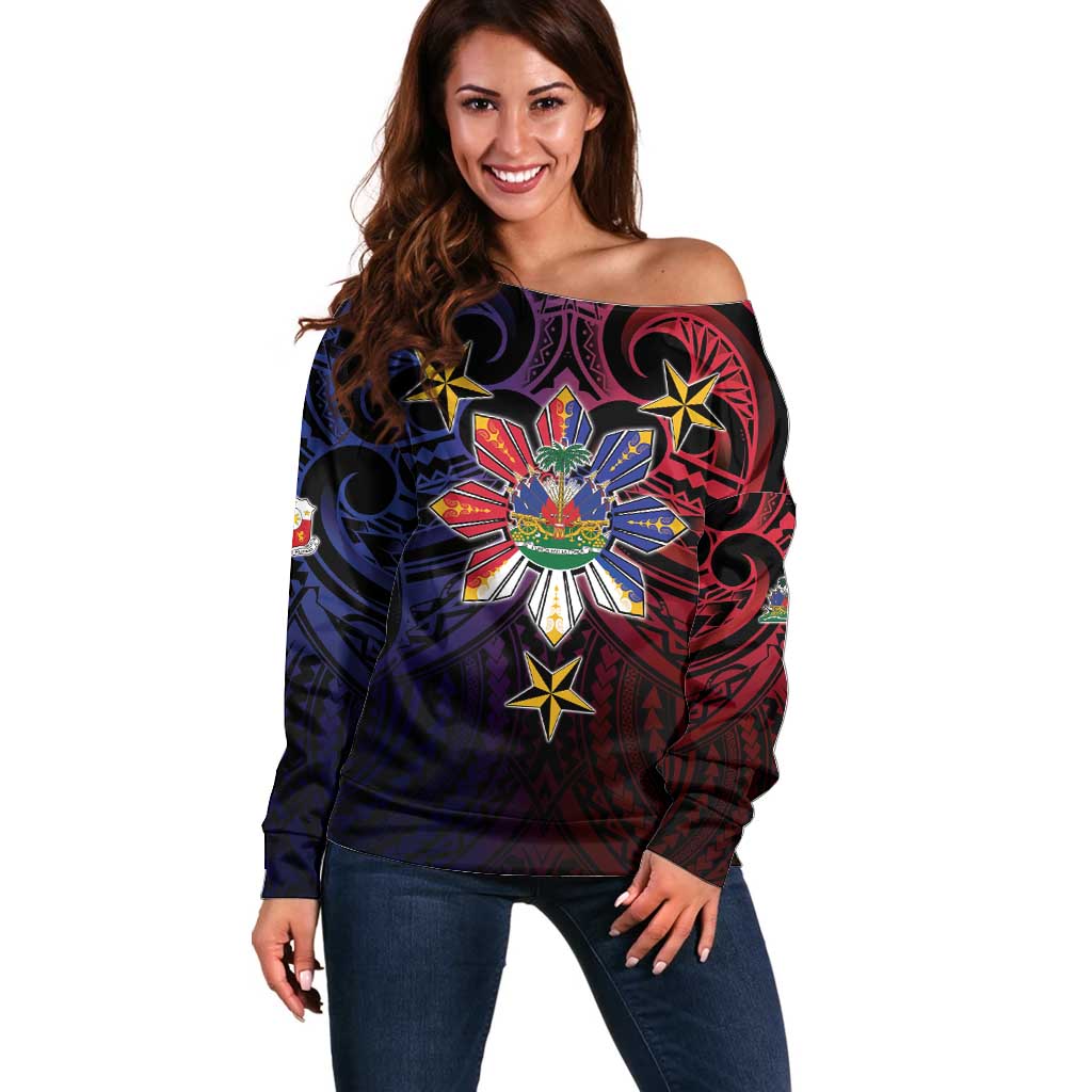 Haiti Philippines Off Shoulder Sweater Haitian Coat Of Arms With Filipino Sun LT05 Women Black - Polynesian Pride