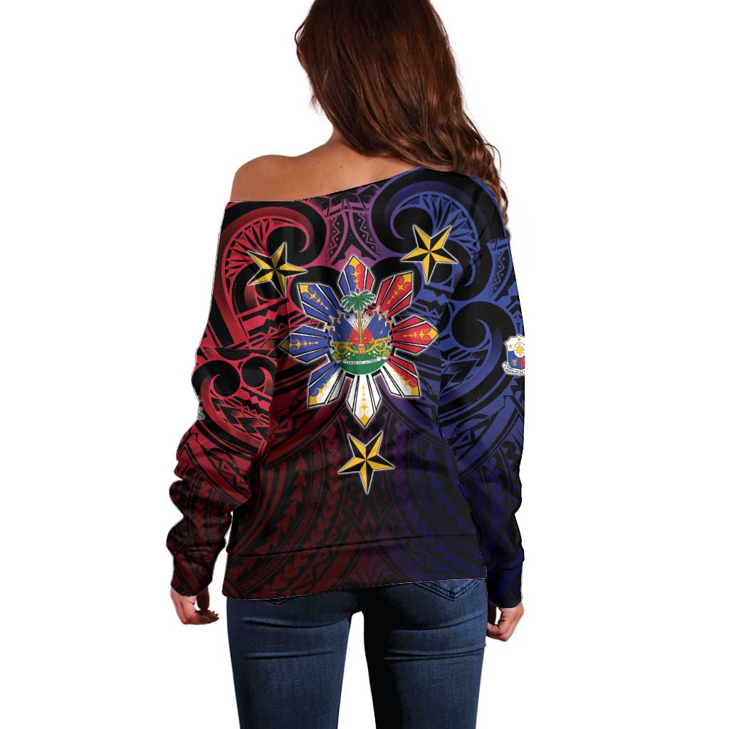 Haiti Philippines Off Shoulder Sweater Haitian Coat Of Arms With Filipino Sun LT05 - Polynesian Pride