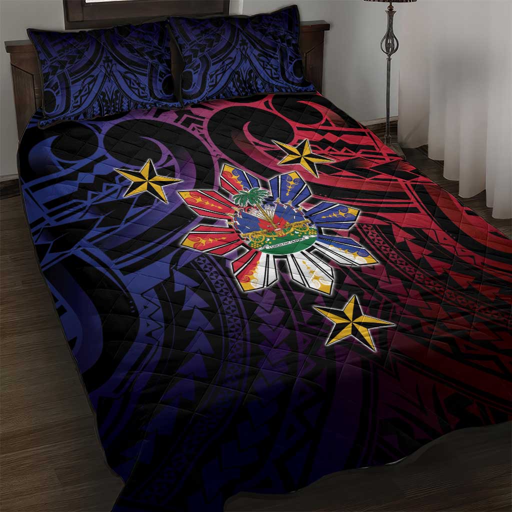 Haiti Philippines Quilt Bed Set Haitian Coat Of Arms With Filipino Sun