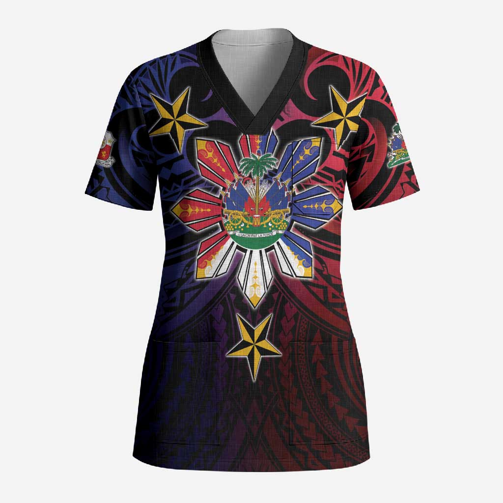 Haiti Philippines Scrub Top Haitian Coat Of Arms With Filipino Sun LT05 Adult Black - Polynesian Pride