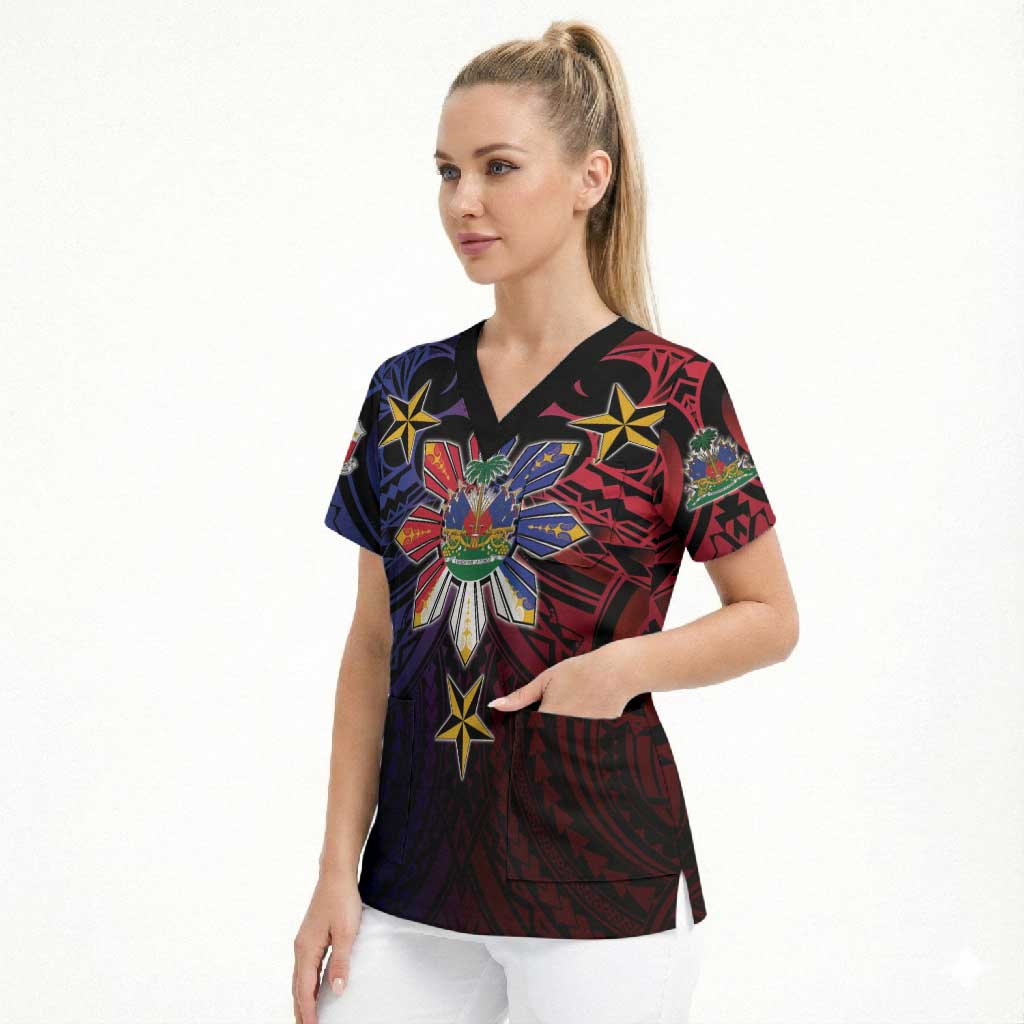 Haiti Philippines Scrub Top Haitian Coat Of Arms With Filipino Sun LT05 - Polynesian Pride