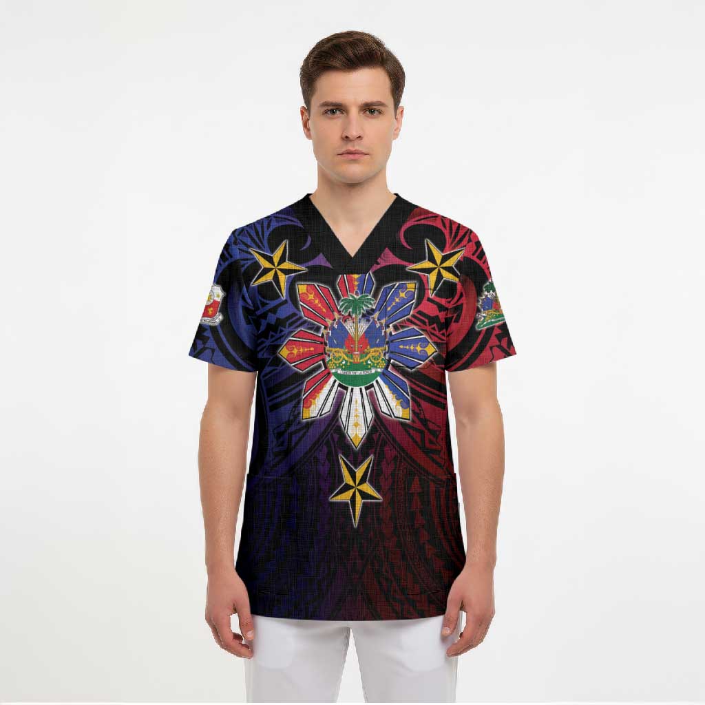Haiti Philippines Scrub Top Haitian Coat Of Arms With Filipino Sun LT05 - Polynesian Pride
