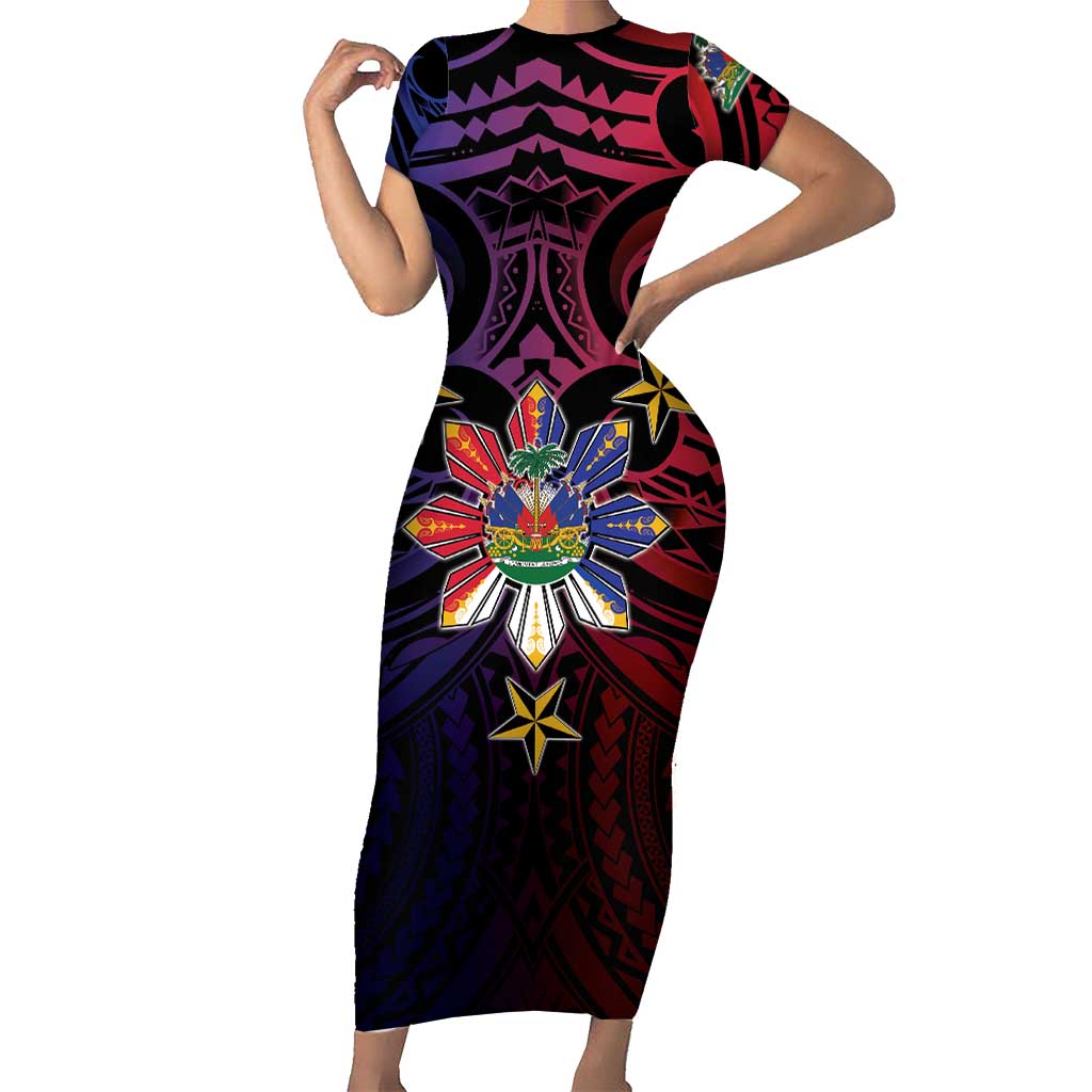 Haiti Philippines Short Sleeve Bodycon Dress Haitian Coat Of Arms With Filipino Sun