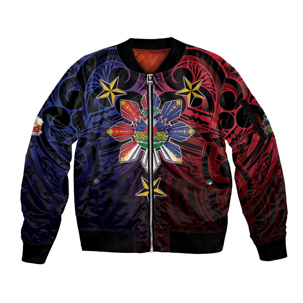 Haiti Philippines Sleeve Zip Bomber Jacket Haitian Coat Of Arms With Filipino Sun LT05 Unisex Black - Polynesian Pride