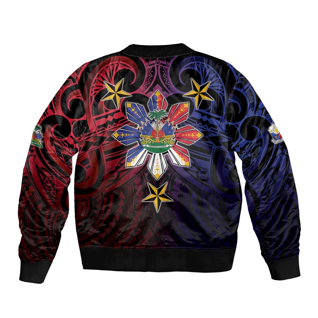 Haiti Philippines Sleeve Zip Bomber Jacket Haitian Coat Of Arms With Filipino Sun LT05 - Polynesian Pride