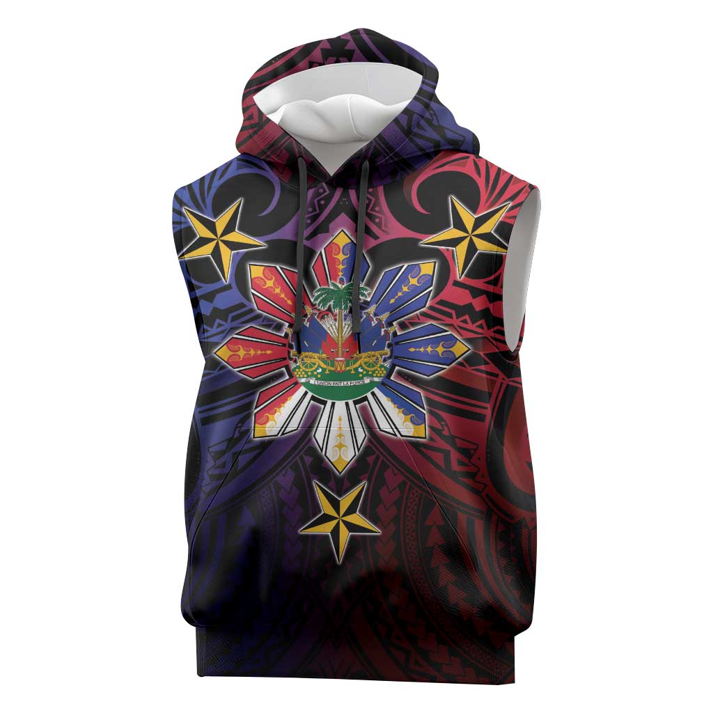 Haiti Philippines Sleeveless Hoodie Haitian Coat Of Arms With Filipino Sun LT05 Black - Polynesian Pride