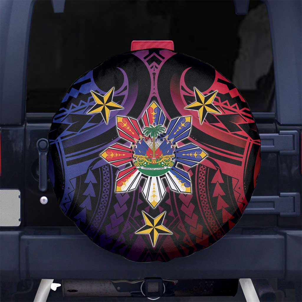 Haiti Philippines Spare Tire Cover Haitian Coat Of Arms With Filipino Sun LT05 No hole Black - Polynesian Pride