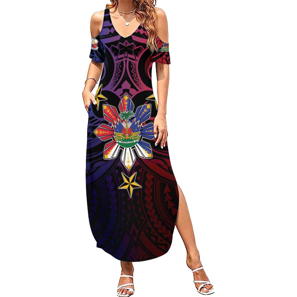 Haiti Philippines Summer Maxi Dress Haitian Coat Of Arms With Filipino Sun LT05 Women Black - Polynesian Pride