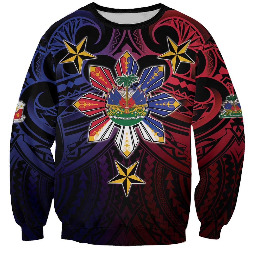 Haiti Philippines Sweatshirt Haitian Coat Of Arms With Filipino Sun LT05 Unisex Black - Polynesian Pride