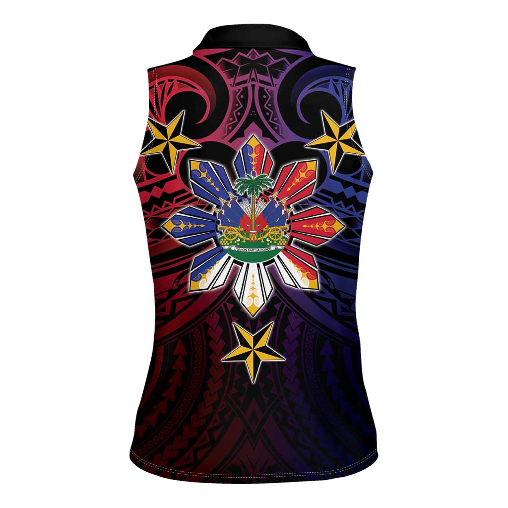 Haiti Philippines Women Sleeveless Polo Shirt Haitian Coat Of Arms With Filipino Sun