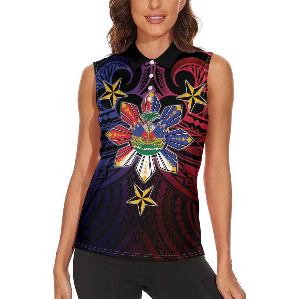 Haiti Philippines Women Sleeveless Polo Shirt Haitian Coat Of Arms With Filipino Sun