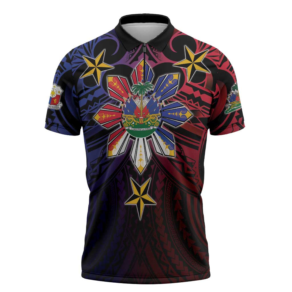 Haiti Philippines Zipper Polo Shirt Haitian Coat Of Arms With Filipino Sun LT05 Black - Polynesian Pride