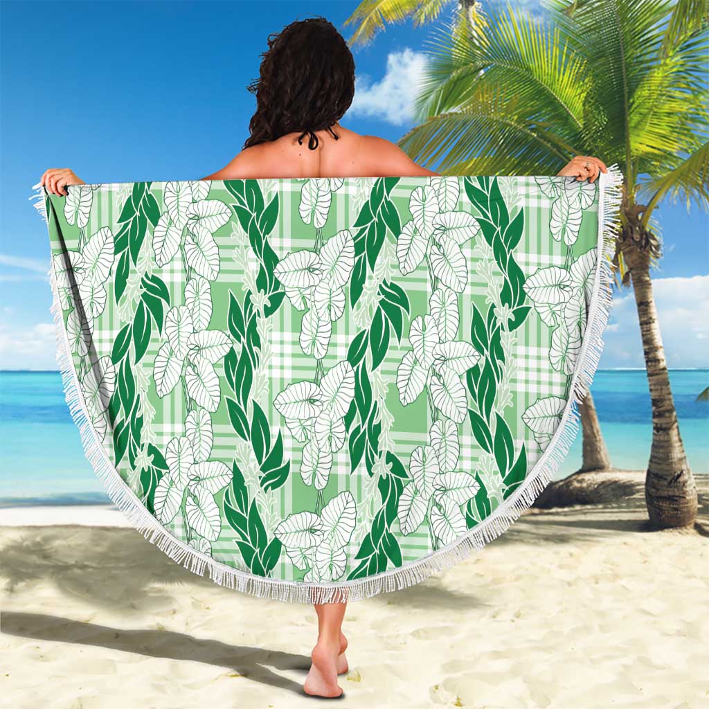 Hawaii Ti Leaf Maile Tuberose Lei Beach Blanket With Hanalei Leaf Green