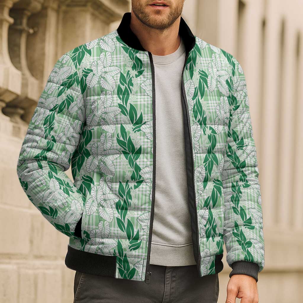 Hawaii Ti Leaf Maile Tuberose Lei Bomber Puffer Jacket With Hanalei Leaf Green LT05 - Polynesian Pride